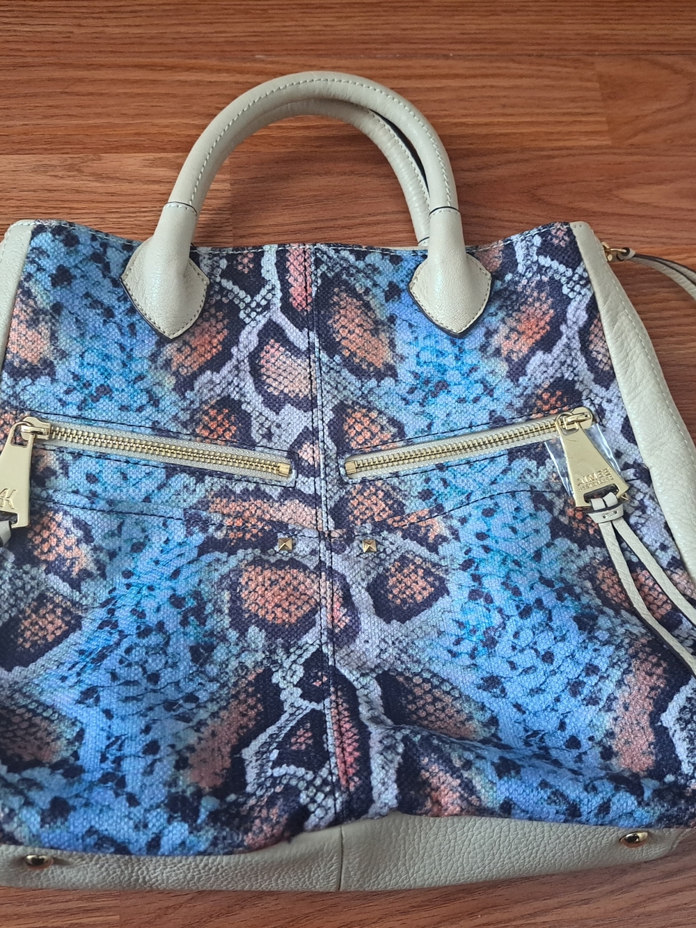 Blue Snakeskin-Print Tote Bag with Cream Trim